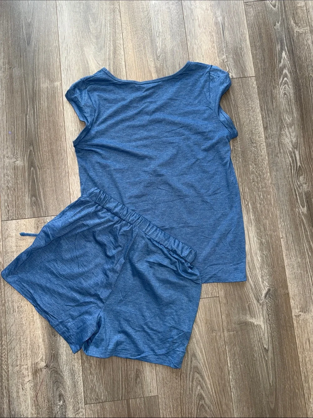 Women's Blue Two-Piece Knit Lounge Set - Short Sleeve Top & Drawstring Shorts